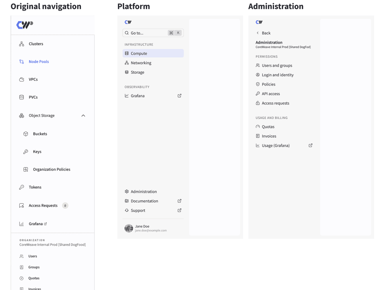 CoreWeave console navigation before and after